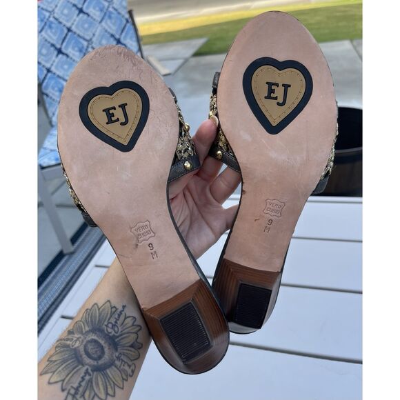 Eric Javitts Kitten Heel Embellished Leather Sandal - Size 9 - Pewter Gray/gold - Picture 6 of 8